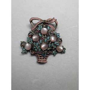 Vintage Pink Faux Moonstone With Rhinestone Enamel Flowers Brooch